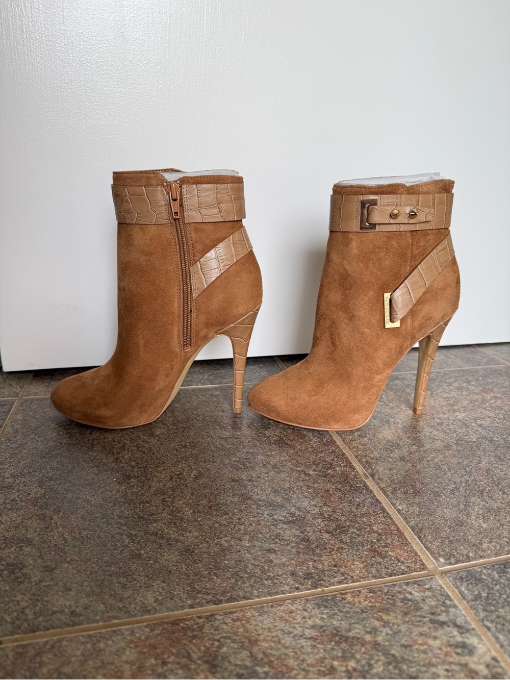 Guess Shanda Medium Brown Suede Ankle Booties with Croc-Texture Cuff